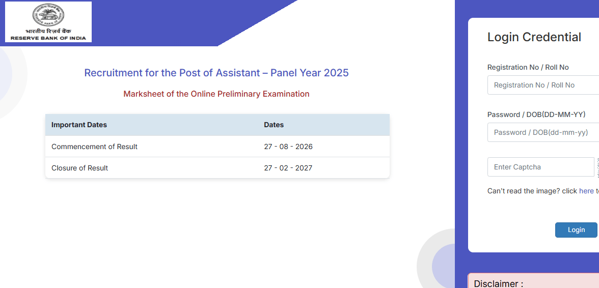 RBI Assistant Prelims Score Card 2026