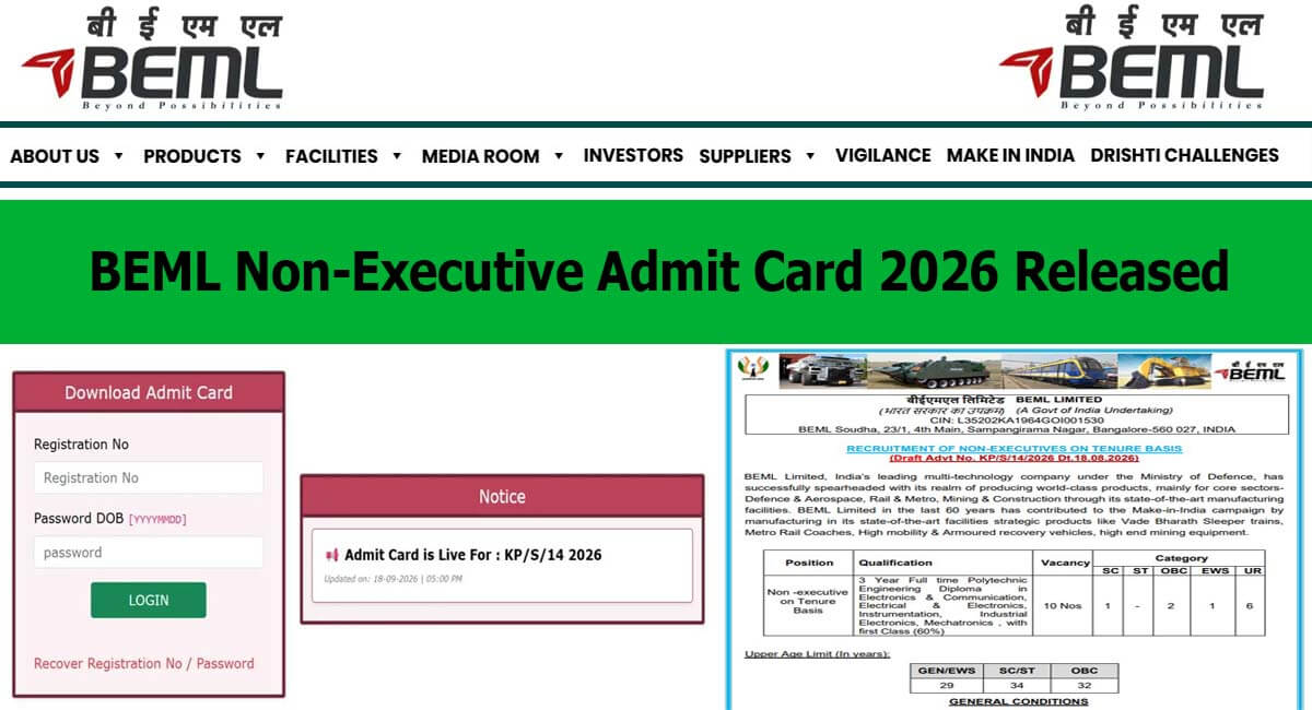 BEML Non-Executive Admit Card 2026