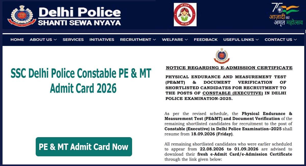 SSC Delhi Police Constable PE & MT Admit Card 2026