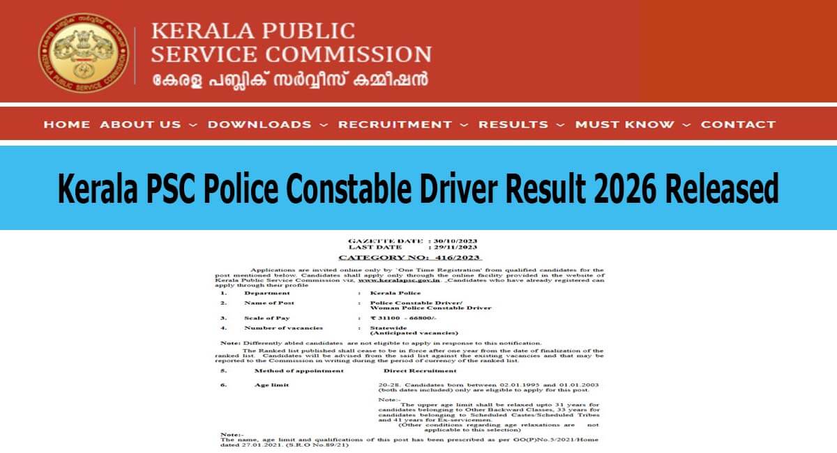 Kerala PSC Police Constable Driver Result 2026